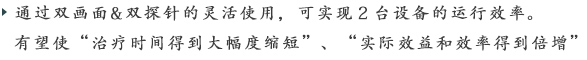通过双画面&双探针的灵活使用,可实现2台设备的运行效率。有望使“治疗时间得到大幅度缩短”、“实际效益和效率得到倍增”